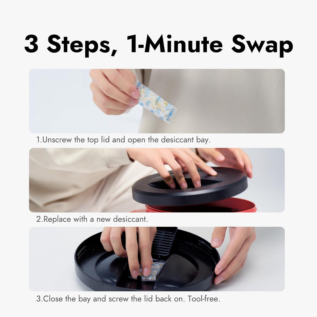 Three-step desiccant pack replacement for the Smart Feeder Titan lid