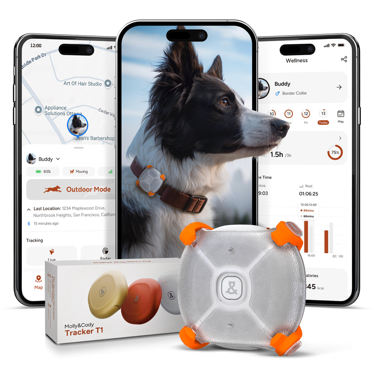 White Tracker T1 GPS dog tracker with location and activity monitoring app